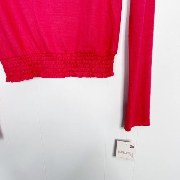New SO Long Sleeve Super Cozy Smocked Tee Pink Strawberry Pop Cropped XSmall XS - Picture 4 of 10
